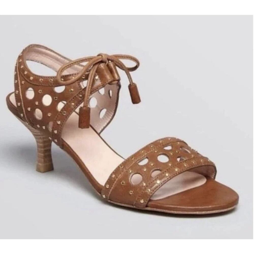 Stuart Weitzman Leather Studded Sandals Kitten Heel Nappa Brown Nature Size 7.5